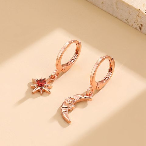 1 Pair Casual Star Moon Copper Inlay Zircon 18k Gold Plated Drop Earrings