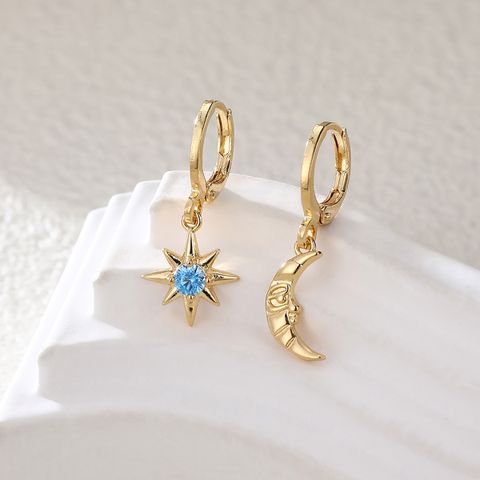 1 Pair Casual Star Moon Copper Inlay Zircon 18k Gold Plated Drop Earrings