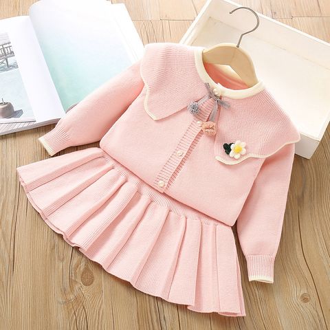 Casual Solid Color Knitted Cotton Spandex Girls Clothing Sets