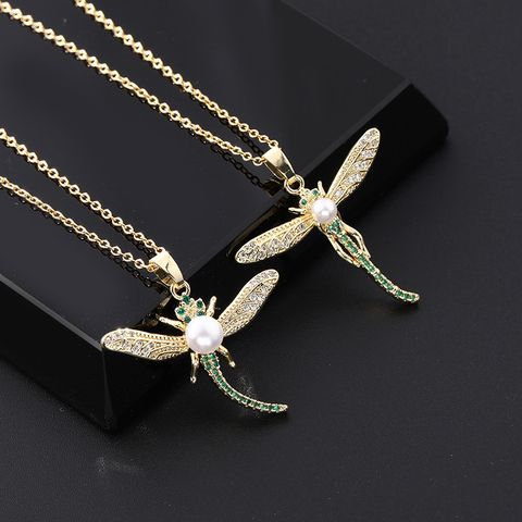 Elegant Lady Simple Style Dragonfly Copper Plating Inlay Artificial Pearls Zircon Pendant Necklace