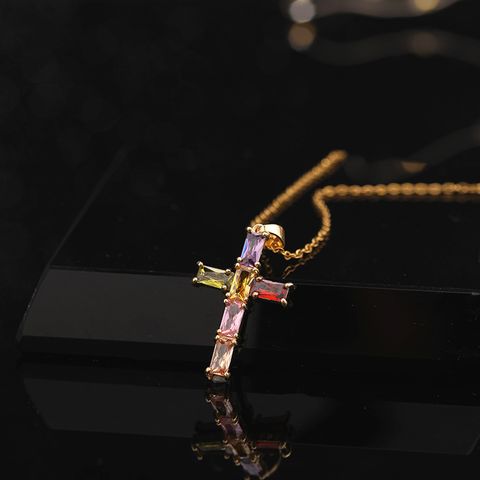 Elegant Modern Style Cross Copper Zircon Pendant Necklace In Bulk