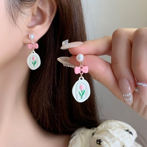 1 Pair Sweet Flower Bow Knot Stoving Varnish Inlay Alloy Artificial Pearls Drop Earrings
