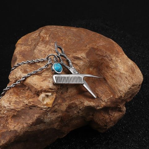 Hip-hop Retro Scissors Titanium Steel Inlay Turquoise Charms Jewelry Accessories