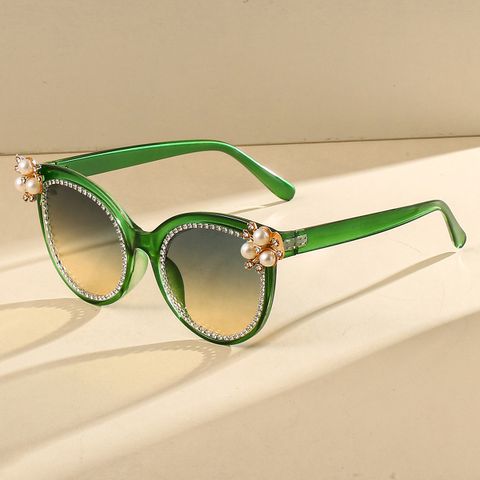 Elegant Color Block Pc Cat Eye Inlaid Pearls Inlaid Zircon Full Frame Women's Sunglasses