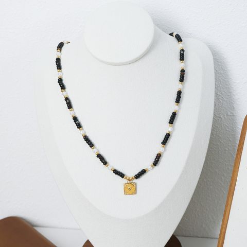Vintage Style Color Block Beaded Agate Titanium Steel Beaded Plating 18k Gold Plated Women's Necklace
