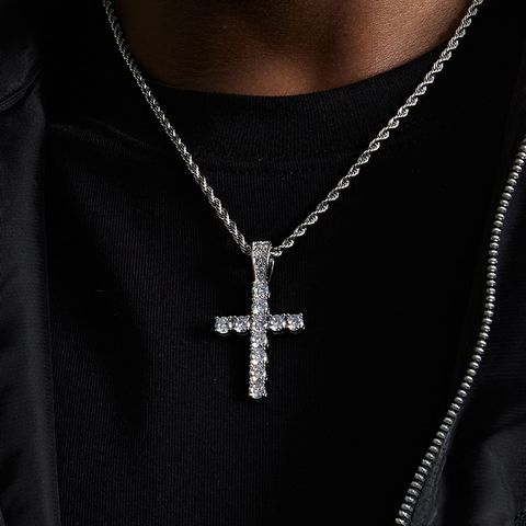 Streetwear Cross Titanium Steel Inlay Zircon Men's Pendant Necklace