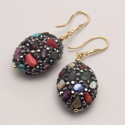 1 Pair Retro Lady Oval Natural Stone Copper Drop Earrings