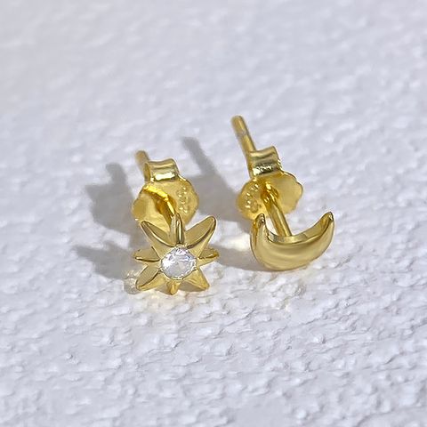 1 Pair Elegant Simple Style Star Moon Plating Sterling Silver Gold Plated Ear Studs