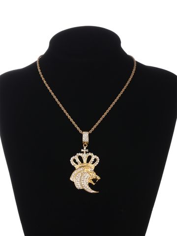 Gothic Hip-hop Punk Lion Crown Zinc Alloy Plating Inlay Rhinestones 18k Gold Plated Men's Necklace