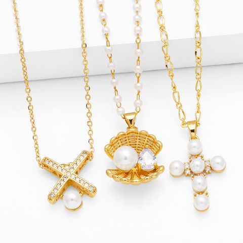Simple Style Cross Shell Copper 18k Gold Plated Artificial Pearls Zircon Pendant Necklace In Bulk