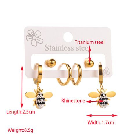 1 Set Elegant Round Heart Shape Bee Inlay 316 Stainless Steel  Rhinestones 14K Gold Plated Drop Earrings