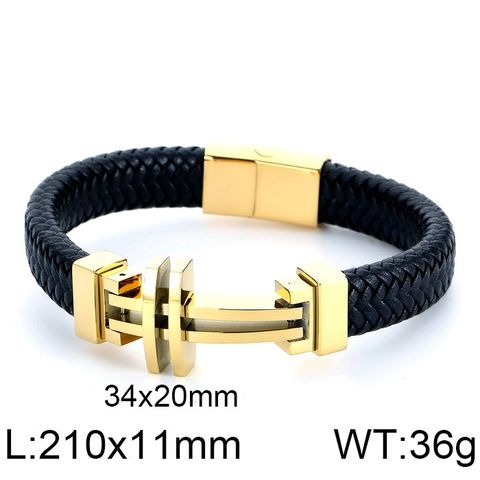 Vintage Style Punk Geometric Stainless Steel Pu Leather 18K Gold Plated Men's Bangle
