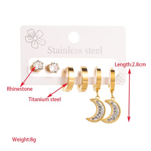 1 Set Elegant Round Moon Eye Plating Inlay 316 Stainless Steel  Rhinestones 14K Gold Plated Drop Earrings