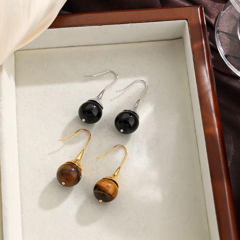 1 Pair Streetwear Round Tiger Eye Obsidian Natural Stone Amber Obsidian 18k Gold Plated Dangling Earrings