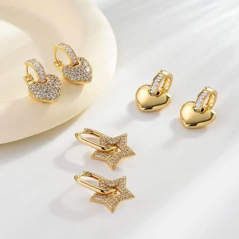1 Paar Elegant Herzform Überzug Inlay Kupfer Zirkon Vergoldet Ohrringe
