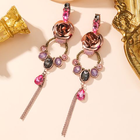 1 Pair Elegant Luxurious Rose Inlay Alloy Rhinestones Gold Plated Drop Earrings
