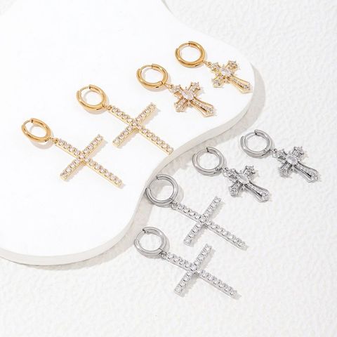 1 Pair Luxurious Cross Plating Inlay Stainless Steel Copper Artificial Rhinestones Zircon Drop Earrings