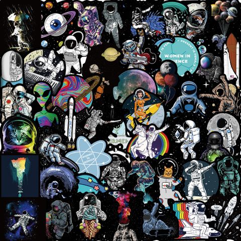 50 Cartoon Black Edge Outer Space Astronauts Graffiti Stickers Decorative Luggage Water Cup Guitar
