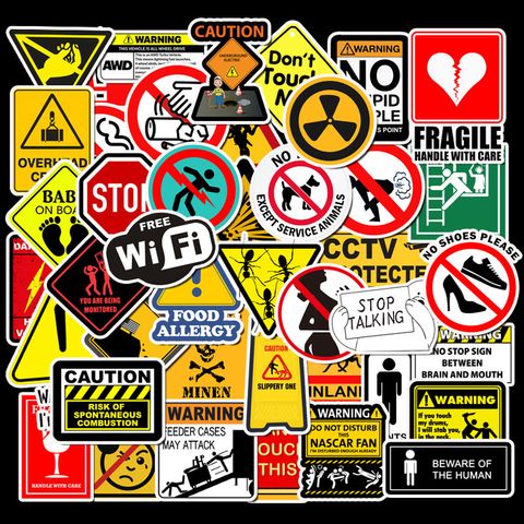 50 Waterproof Removable Warning Signs Luggage Trolley Case Motorcycle Bumper Stickers Waterproof Graffiti Stickers Removable
