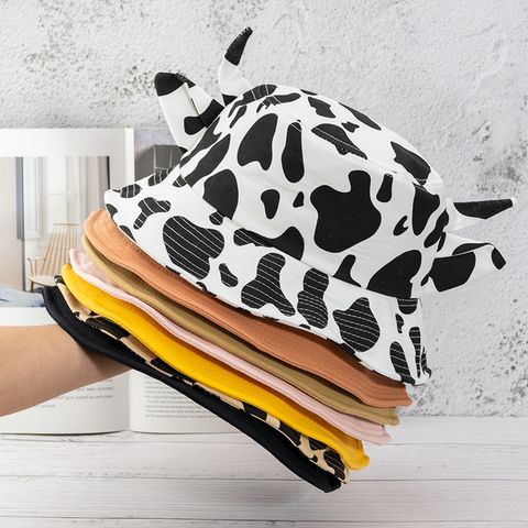 Unisex Cartoon Style Cute Basic Cow Pattern Wide Eaves Bucket Hat