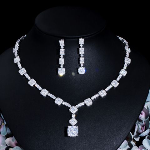 Luxurious Bridal Shiny Water Droplets Copper Plating Inlay Artificial Gemstones White Gold Plated Rhodium Plated Earrings Necklace