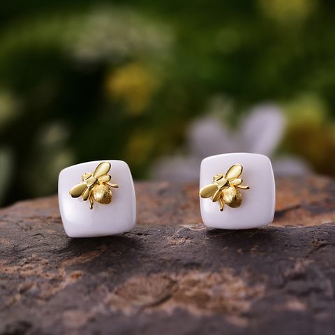 1 Pair Vintage Style Bee Plating Inlay Sterling Silver Ceramics Ear Studs
