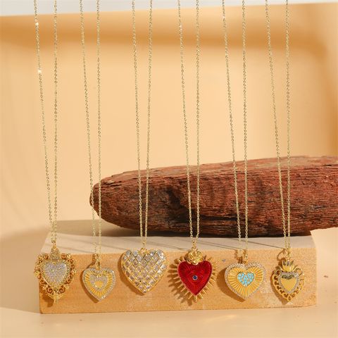Simple Style Heart Shape Brass 14k Gold Plated Zircon Pendant Necklace In Bulk