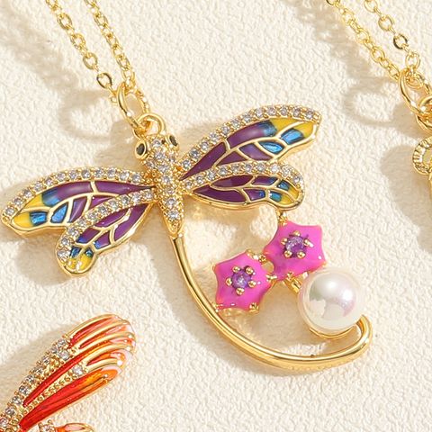 Simple Style Little Bear Dragonfly Copper Plating Inlay Zircon 14k Gold Plated Pendant Necklace