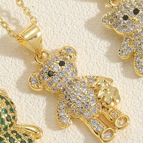 Cute Sweet Little Bear Copper Plating Inlay Zircon 14k Gold Plated Pendant Necklace