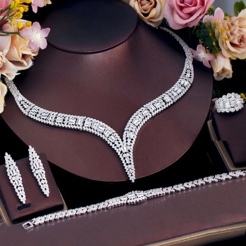 Lady Bridal Shiny Solid Color Copper Plating Inlay Artificial Gemstones White Gold Plated Rhodium Plated Earrings Necklace