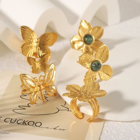 Stainless Steel 18K Gold Plated Vintage Style Simple Style Classic Style Plating Inlay Flower Butterfly Natural Stone Open Rings