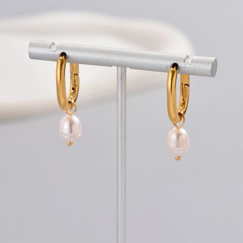 1 Pair Simple Style Classic Style Solid Color Layered Plating Inlay Titanium Steel Artificial Pearls 18k Gold Plated Gold Plated Dangling Earrings