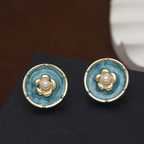 Wholesale Jewelry Vintage Style Flower Imitation Pearl Enamel Ear Studs