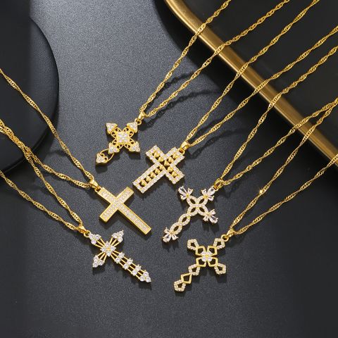 Elegant Streetwear Cross Stainless Steel Copper 18k Gold Plated Zircon Pendant Necklace In Bulk