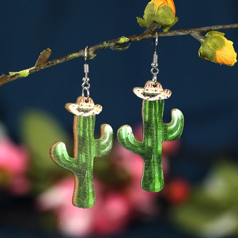 1 Pair Cartoon Style Funny Cowboy Style Cactus Boots Wood Drop Earrings