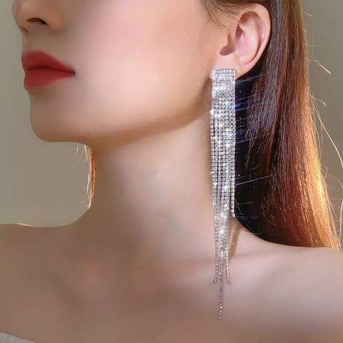 1 Pair Elegant Shiny Solid Color Inlay Alloy Rhinestones Drop Earrings
