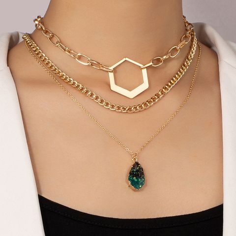 Vintage Style Color Block Water Droplets Alloy Plating 14k Gold Plated Women's Three Layer Necklace