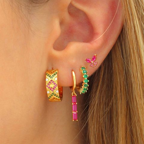 1 Pair Vintage Style Color Block Plating Inlay Copper Zircon 18k Gold Plated Hoop Earrings