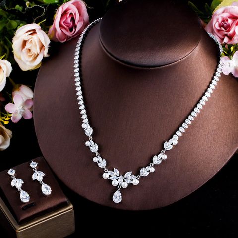 Copper White Gold Plated Rhodium Plated Elegant Bridal Plating Inlay Geometric Water Droplets Solid Color Artificial Gemstones Jewelry Set