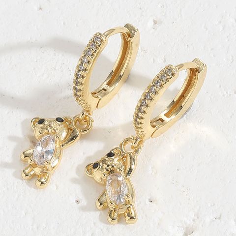 1 Pair Simple Style Bear Plating Chain Inlay Copper Zircon 14k Gold Plated Drop Earrings