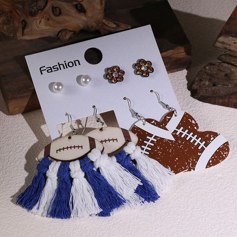 1 Set Handmade Ball Tassel Braid Wood Cotton Rhinestone Drop Earrings
