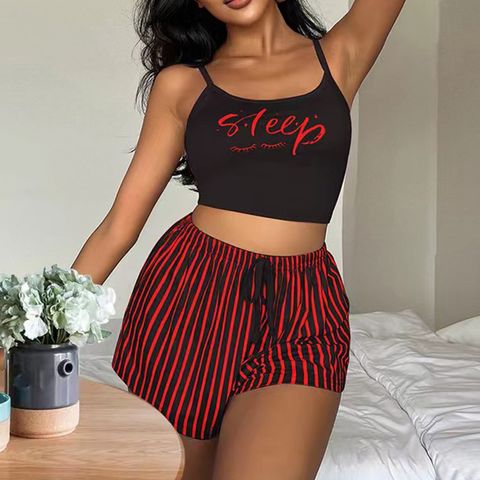 Home Women's Casual Letter Stripe Polyester Printing Shorts Sets Pajama Sets