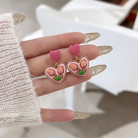 1 Pair Elegant Sweet Heart Shape Flower Alloy Drop Earrings