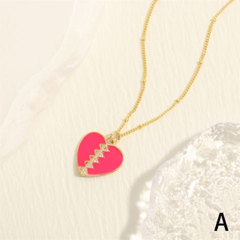 Sweet Simple Style Heart Shape Copper Enamel Inlay Zircon 18k Gold Plated Pendant Necklace