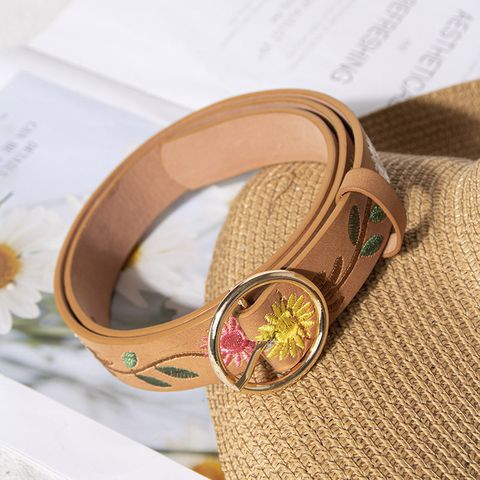Retro Ethnic Style Flower Pu Leather Alloy Embroidery Women's Leather Belts