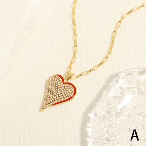 Simple Style Heart Shape Copper Enamel Inlay Zircon 18k Gold Plated Pendant Necklace