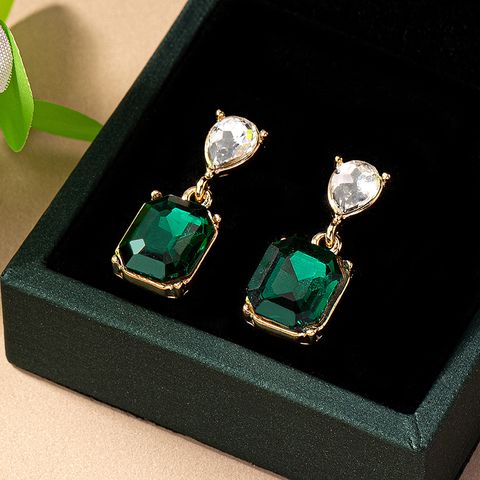 1 Pair Elegant Color Block Square Plating Inlay Glass Ferroalloy Glass 14k Gold Plated Drop Earrings