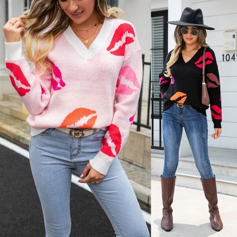 Women's Sweater Long Sleeve Sweaters & Cardigans Jacquard Streetwear Mouth
