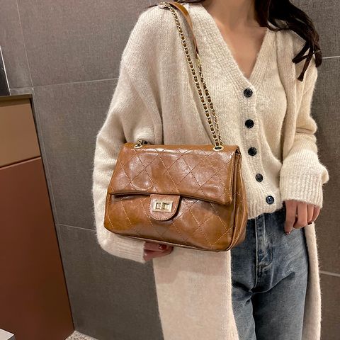 Women's  Pu Leather Solid Color Vacation Sewing Thread Square Lock Clasp Shoulder Bag Messenger Bag