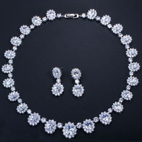 Elegant Glam Bridal Water Droplets Flower Copper Plating Inlay Artificial Gemstones White Gold Plated Rhodium Plated Earrings Necklace
